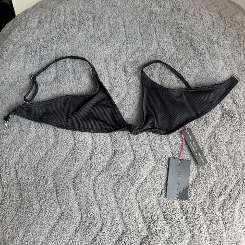 South Beach Women's Ribbed Knot Bikini Top Black Recycled Swim Beach US 6